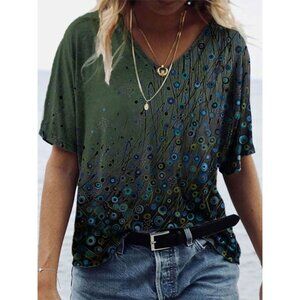 Green V-neck Loose Short Sleeve Cute Printed Blouse